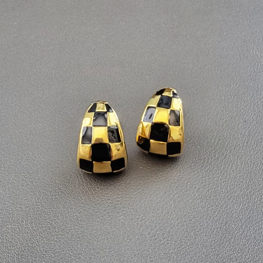 Enamel checkered half hoop clip on earrings